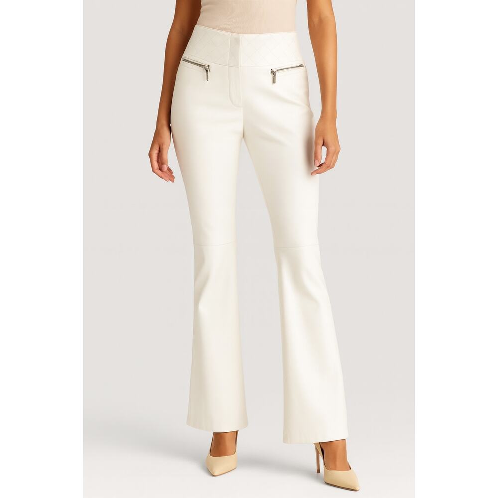 Cache White Lined Leather Pant Zipper Pockets Quilted 3" Wide Self Belt $298